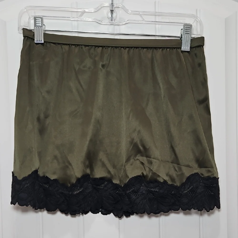 Auden Moss Green Satin Slip with Black Lace Detail